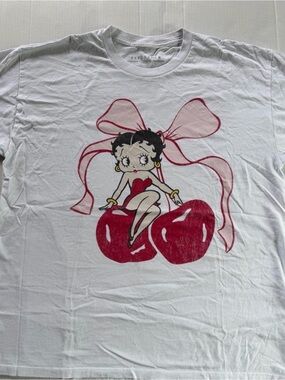 Betty Boop White Short Sleeve Graphic Tee with Red Cherry Print